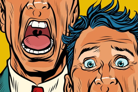 Close-up of eyes and mouth men cry, panic face. Pop art retro vector illustration