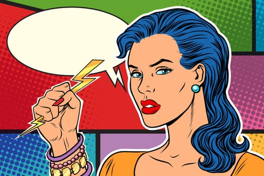 Angry woman, thunder and lightning. Pop art retro vector illustration