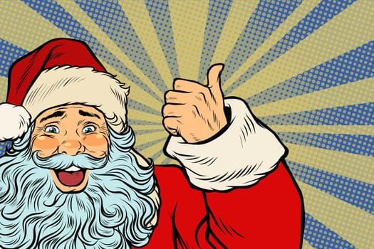 Closeup of Santa Claus thumbs up. Pop art retro vector illustration