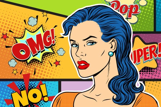 Beautiful brunette woman pop art background. retro vector illustration