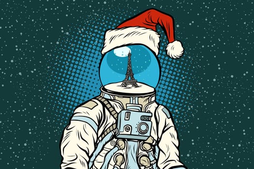 Christmas astronaut with dreams of Paris. Pop art retro vector illustration.