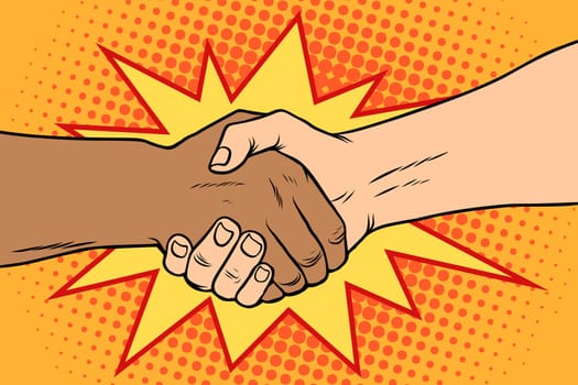 Handshake black and white, African and Caucasian people, friendship, tolerance. Pop art retro vector illustration.