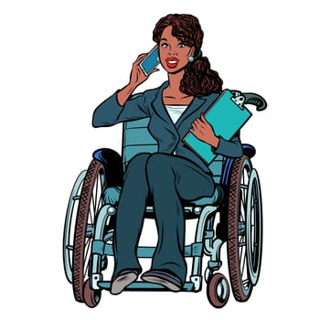 disabled African businesswoman isolated on white background. Talking on the phone. Pop art retro vector illustration
