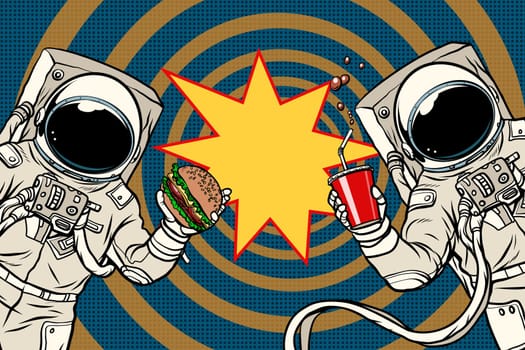 Two astronauts are eating lunch fast food. Pop art retro vector illustration
