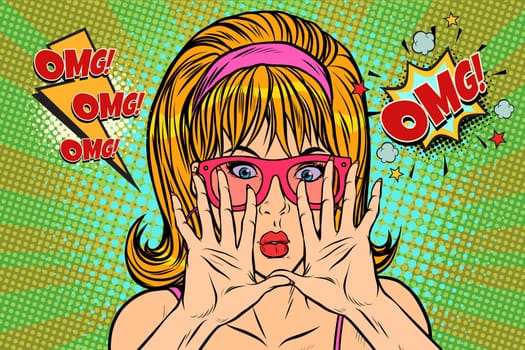 OMG pop art woman hid her face. Pop art retro vector illustration