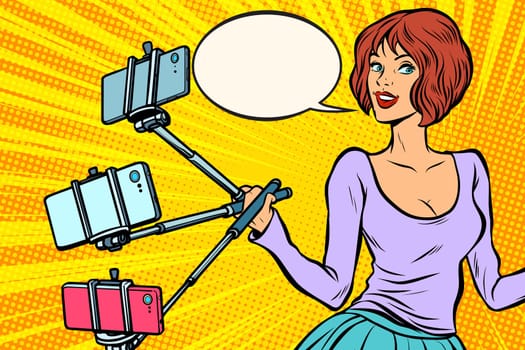 selfie stick woman. Pop art retro vector illustration