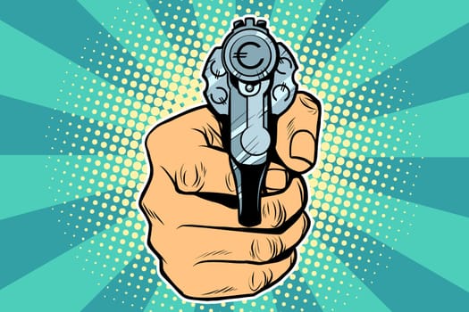 Euro currency money Finance revolver in hand. Pop art retro vector illustration