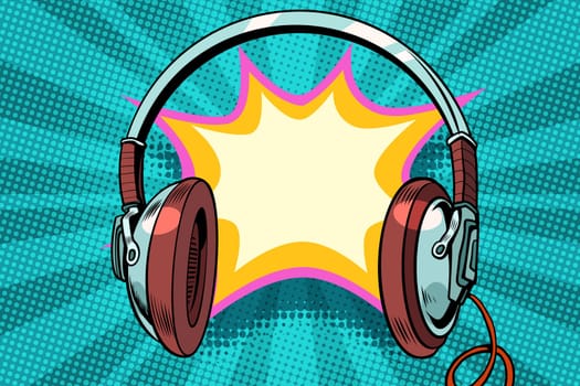 headphones comic bubble audio. Pop art retro vector illustration