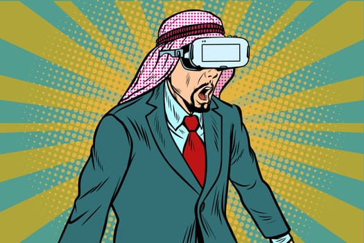 Surprised Arab businessman in VR glasses. Virtual reality and new technologies. Pop art retro vector illustration