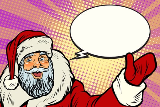Promoter Santa Claus with comic bubble. Pop art retro vector illustration