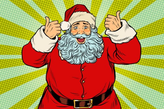Thumb up happy Santa Claus. Pop art retro vector illustration