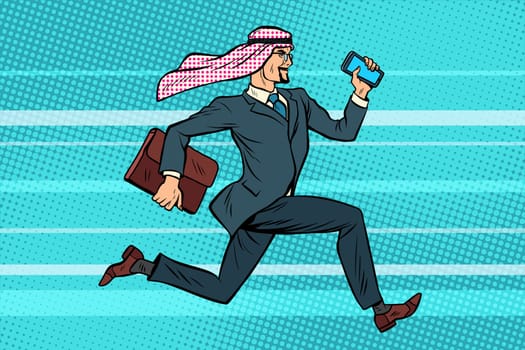 Arab businessman runs forward, phone and briefcase in hand. Pop art retro vector illustration