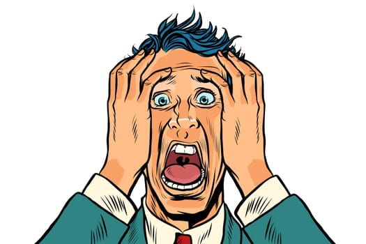 frightened man two hands on the head, panic face. Pop art retro vector illustration