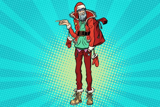 Hipster Santa Claus pointing sideways. Christmas holiday and New year. Pop art retro vector illustration