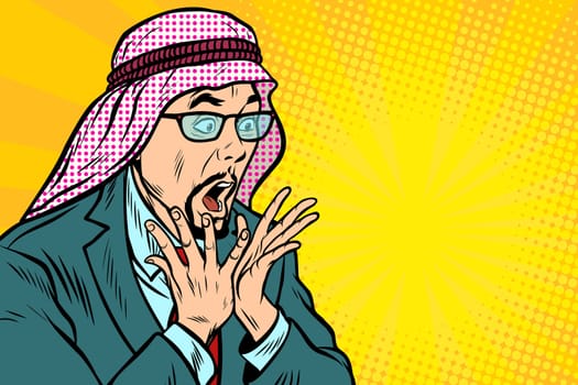 Close-up, face surprise, delight Arab businessman. Pop art retro vector illustration