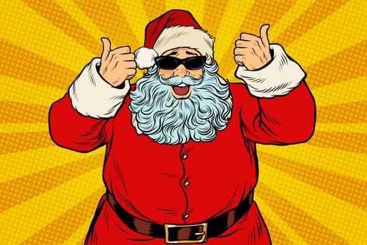 Thumbs up Santa Claus in sunglasses. Pop art retro vector illustration