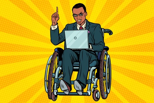 African businessman in wheelchair with laptop. Pop art retro vector illustration
