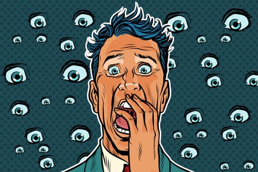 Horrible background with eyes and a frightened man. Pop art retro vector illustration