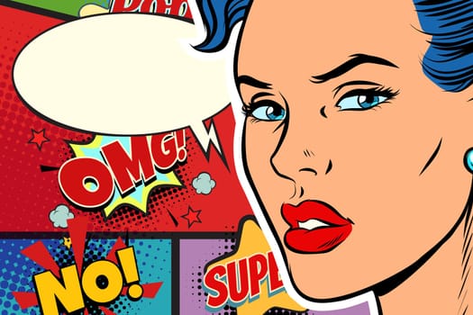 Close-up beautiful face pop art woman. retro vector illustration
