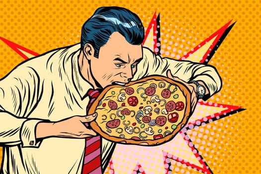man bites pizza. Pop art retro vector illustration