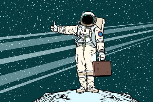 hitchhiker astronaut with travel suitcase. Pop art retro vector illustration