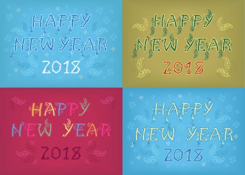 Happy New Year 2018. Four retro cards with inscriptions by artistic country font.  Illustration