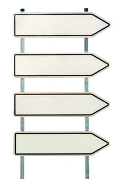 Four white signs with arrow to the right cropped on a white background