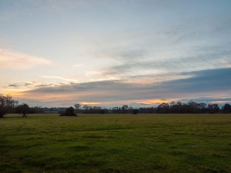 empty wet grass field low light sunset landscape dedham plain empty no people dramatic sky trees  essex  england  uk