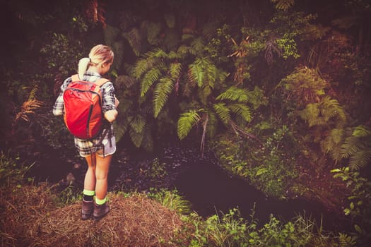 Beautiful young woman hiking by stream