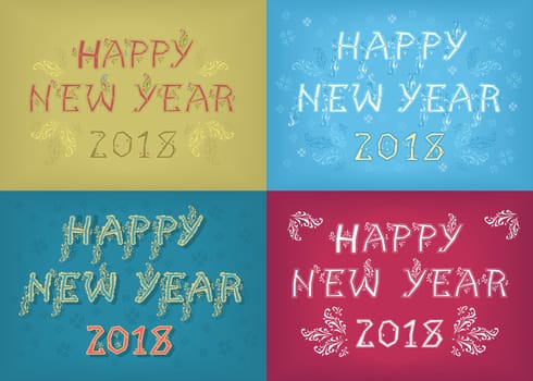 Happy New Year 2018. Four retro cards with inscriptions by artistic country font. Illustration