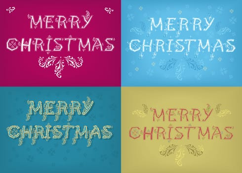 Merry Christmas. Four retro cards with inscriptions by artistic font and country patterns. Illustration