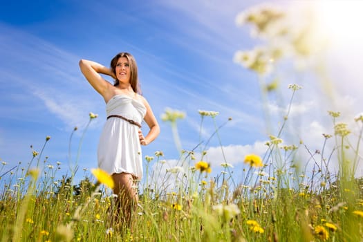 Beautiful girl in field of flowers