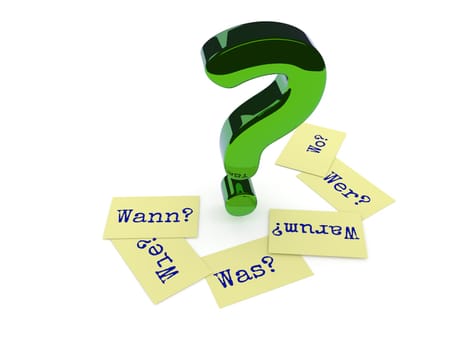 Glossy green question mark, six sticky notes on the ground with the German words Why, When, How, Where, What and Who on a white background, 3d rendering