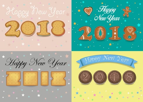 Happy New Year 2018. Four retro cards with inscriptions by artistic font. Sweet cookies, crackers and ginger breads. Illustration