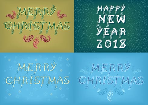 Happy New Year 2018 and Merry Christmas. Four retro cards with inscriptions by artistic country font. Illustration
