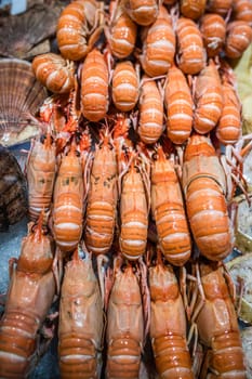 Fresh seafood in cold display on the indoor fish market in Bergen, Norway