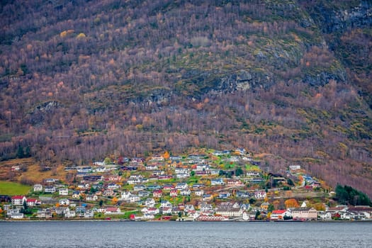 Small homes on the shore of a fjord photographed from a Fjords sightseeing cruise boat leaving Flam in autumn, Norway