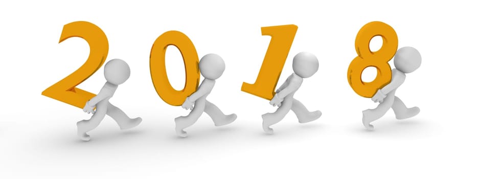 3d rendering of four character with the golden number 2018, teamwork concept