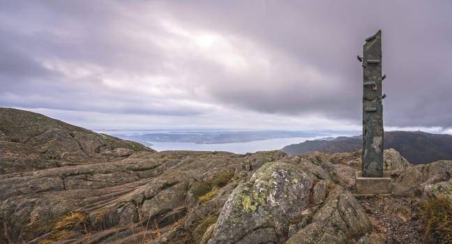 Stone memorial on the summit of Mount Ulriken, Bergen, Norway