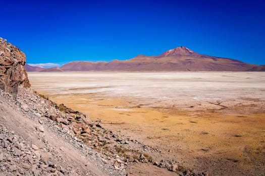 Dry land plain in the Altiplano mountains near Salar de Uyuni in summer, Andes, Bolivia