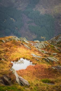 Dramatic landscape of mountains from Mount Ulriken above Bergen city, Norway