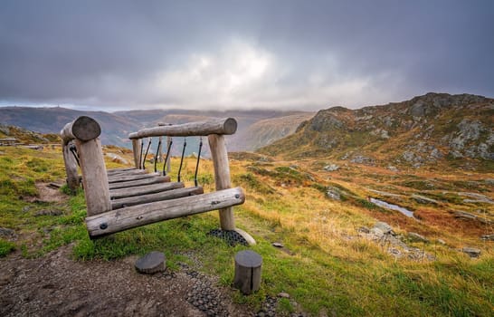 Small wooden bridge on the playground for children on the summit of Mount Ulriken, Bergen, Norway