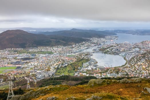 View of Bergen town and bay as seen from the summit of Mount Ulriken, Norway