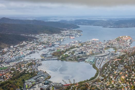 View of Bergen town and bay as seen from the summit of Mount Ulriken, Norway