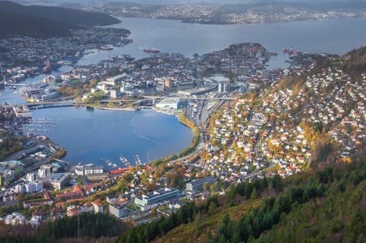 View of Bergen town and bay as seen from the summit of Mount Ulriken, Norway