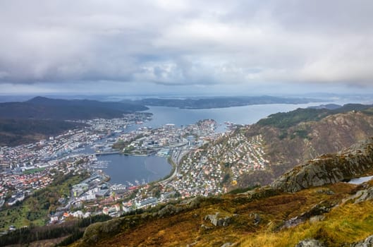 View of Bergen town and bay as seen from the summit of Mount Ulriken, Norway