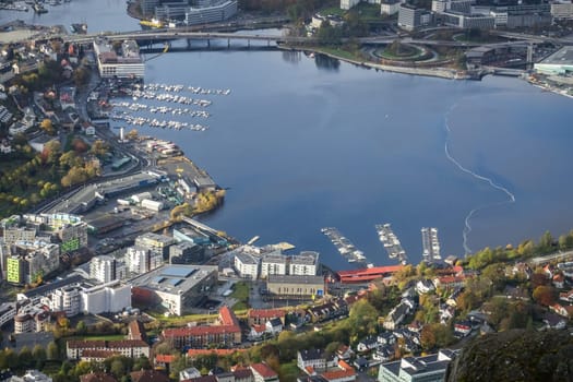 View of Bergen town and bay as seen from the summit of Mount Ulriken, Norway