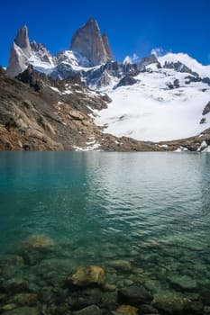Lagoon at the foot of impressive Mount Fitz Roy near El Chalten town in Patagonia, Argentina