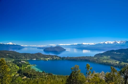 Stunning views of Lake District from viewpoint on top of Cerro Campanario, Argentina