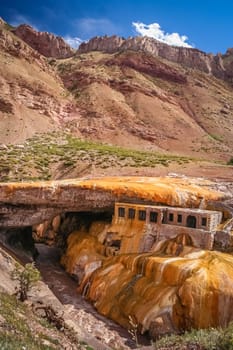 Natural stone bridge Puente del Inca above Rio Mendoza in Argentina